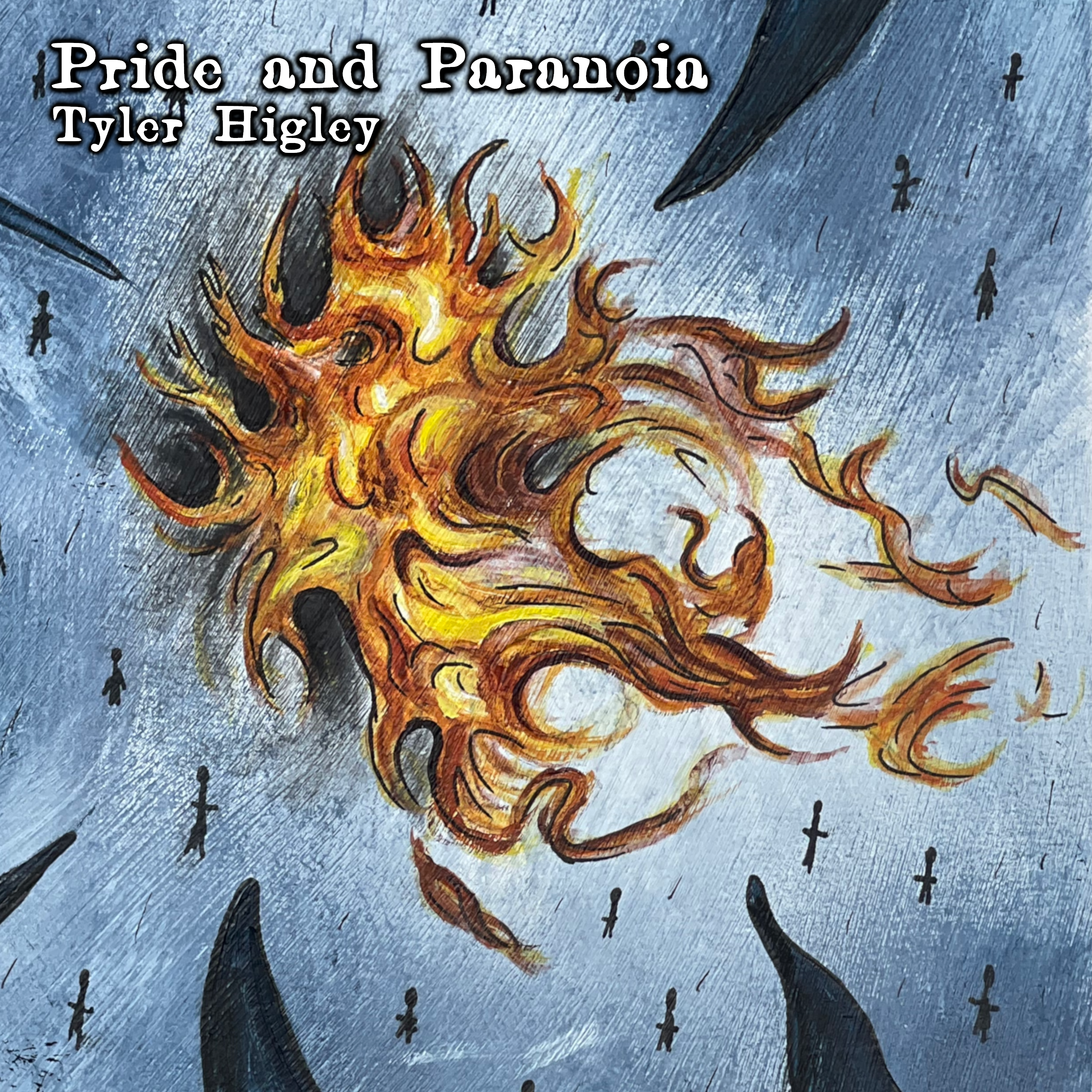 Pride and Paranoia album cover. Small humanoide figures gather around a giant bonfire while ominous tentacles creep in from the sides.