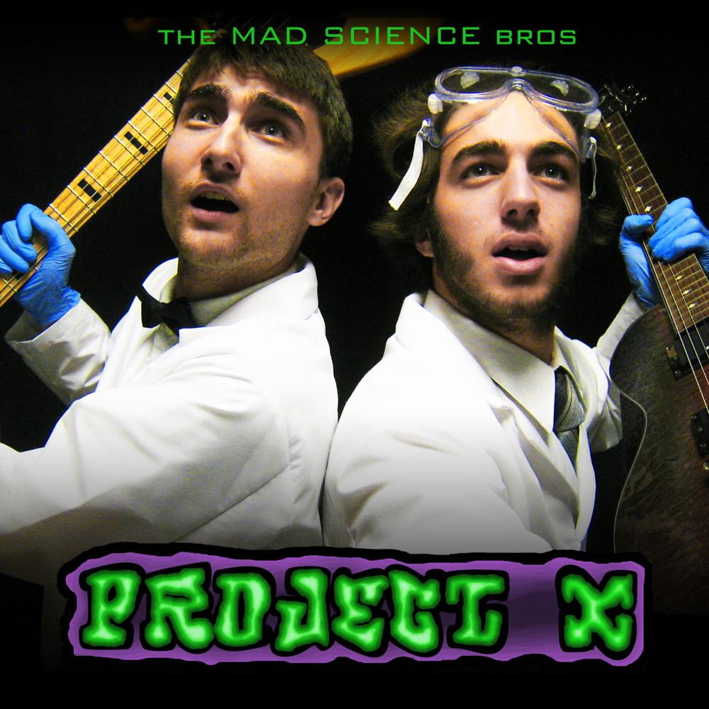 Project X album cover. Two dorks brandishing a Bass and a Guitar to defend against an unseen threat!
